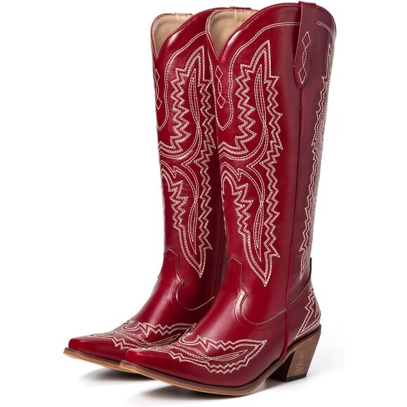 Women's Western Knee Chunky High Heel Red Embroidered Side Zipper Boots - Picture 1 of 7
